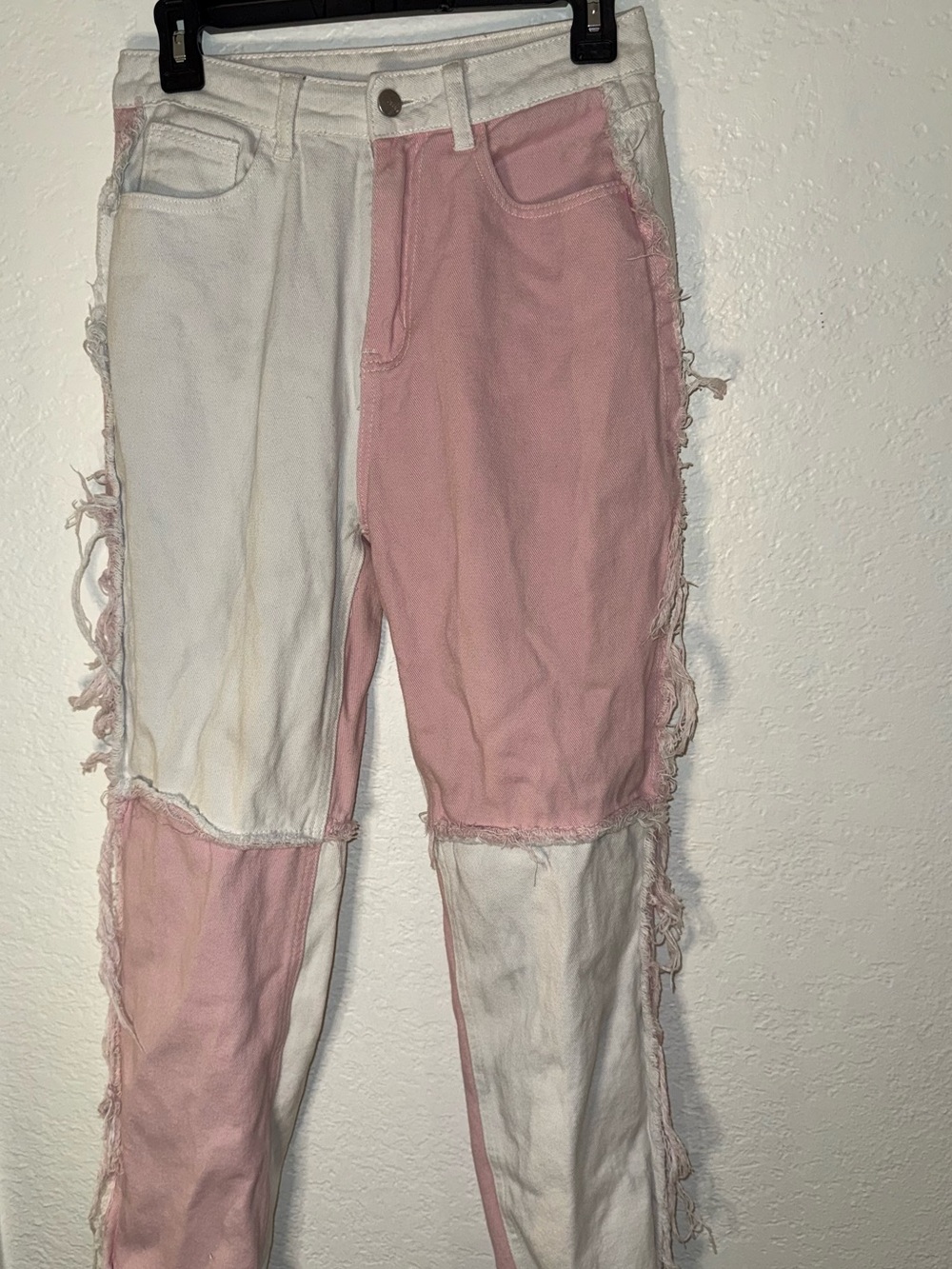 Womens Straight-Leg Two-Tone Pink & White Patchwork Jeans